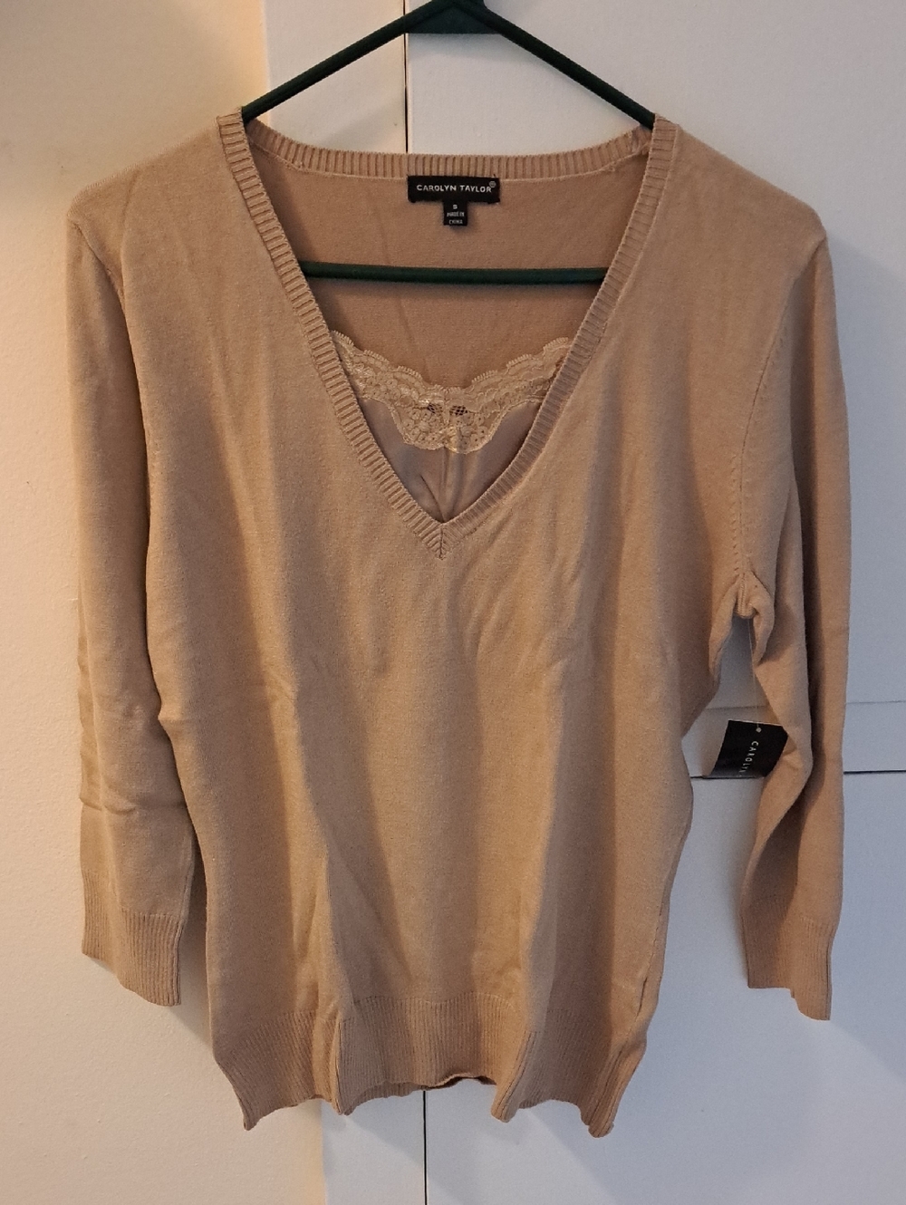 Carolyn Taylor Tan V-Neck Sweater with Lace Inset